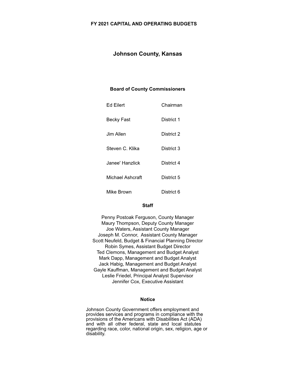 Fy 2021 Capital and Operating Budgets