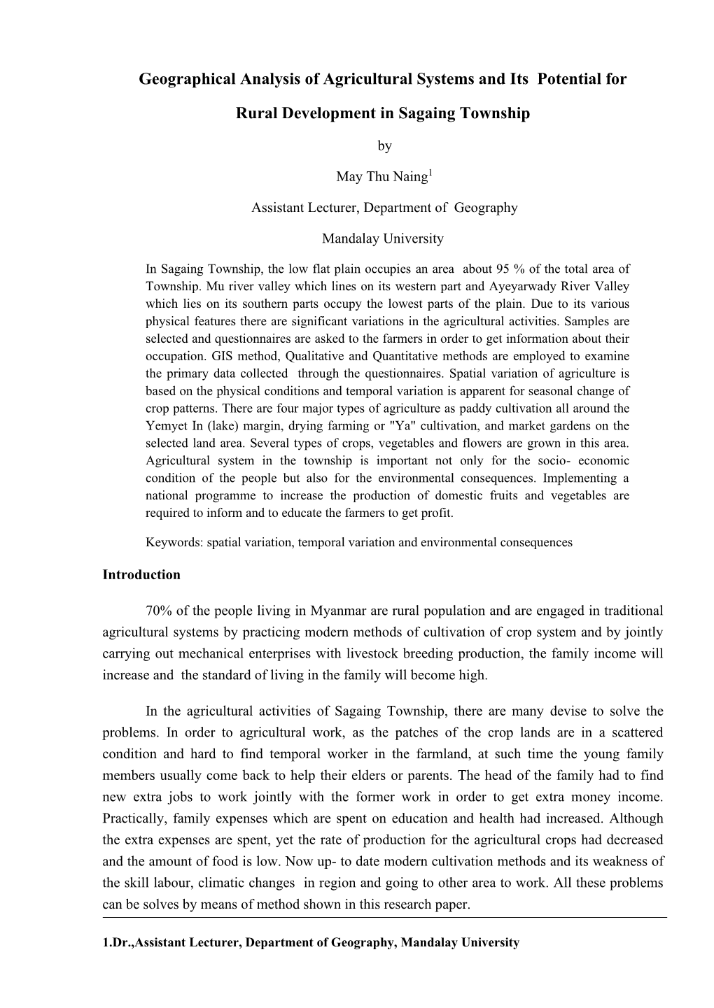 Geographical Analysis of Agricultural Systems and Its Potential for Rural