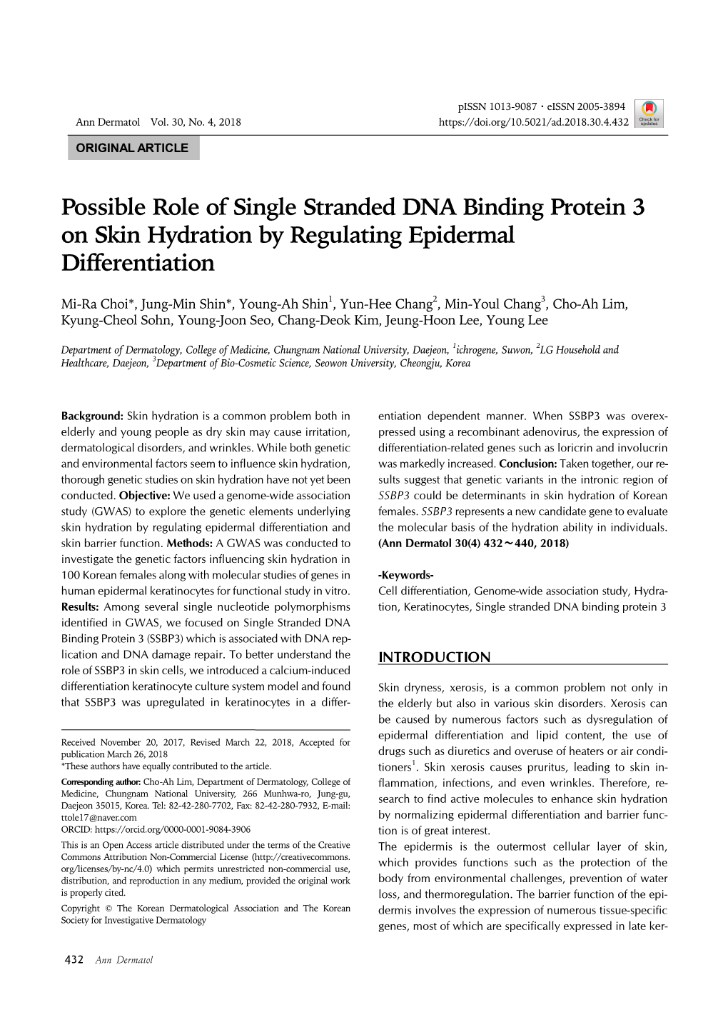 Possible Role of Single Stranded DNA Binding Protein 3 on Skin Hydration by Regulating Epidermal Differentiation