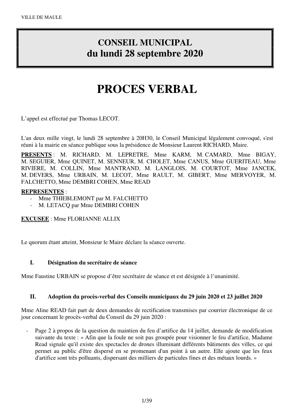 PROCES VERBAL Du Conseil Municipal Du 28