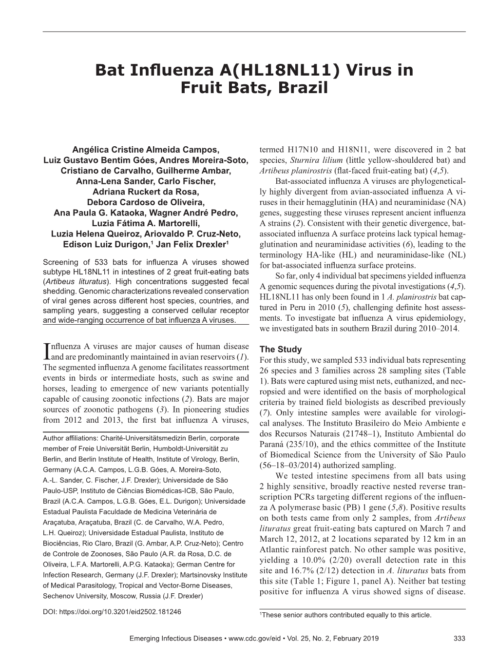 Bat Influenza A(HL18NL11) Virus in Fruit Bats, Brazil
