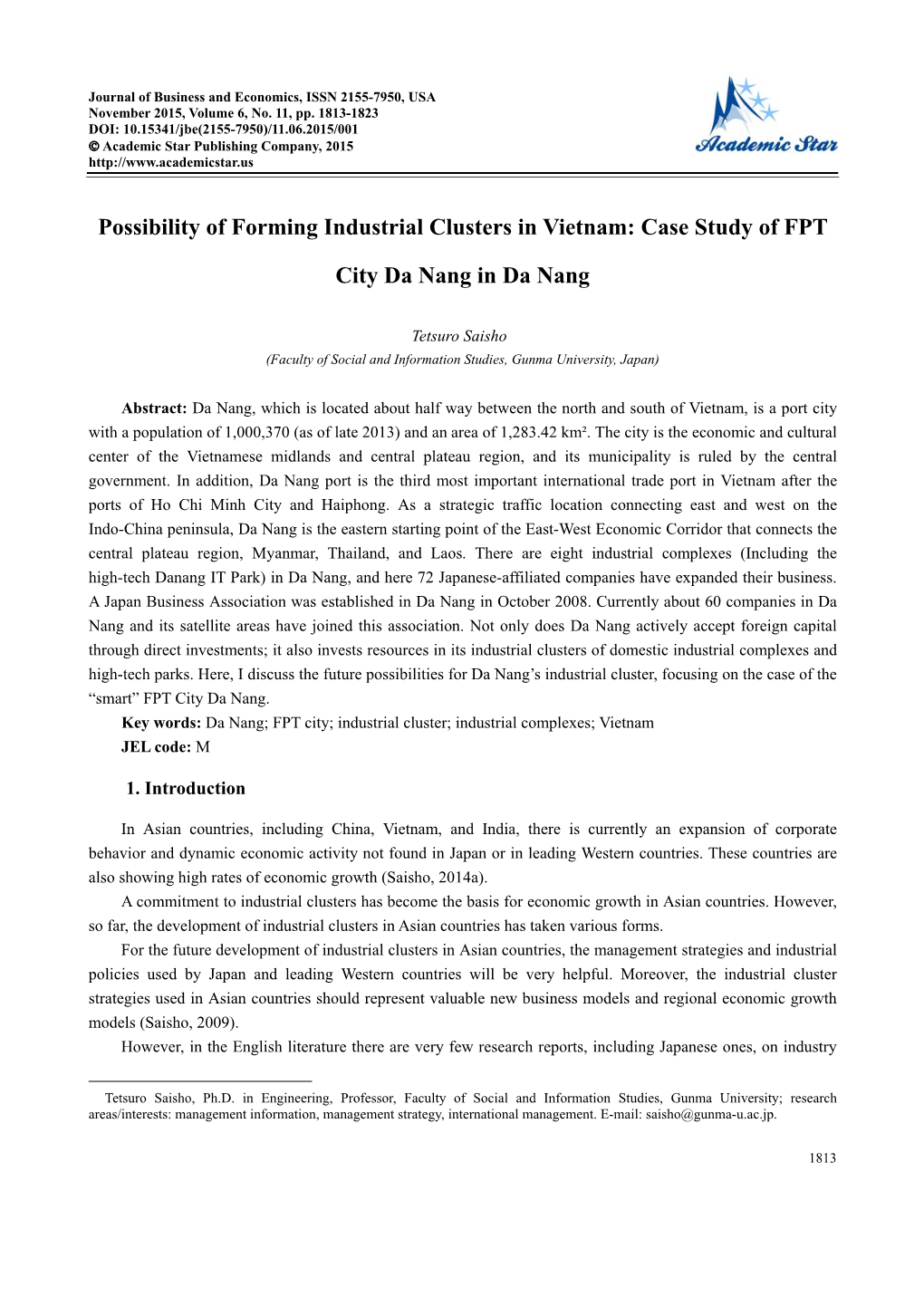 Possibility of Forming Industrial Clusters in Vietnam: Case Study of FPT