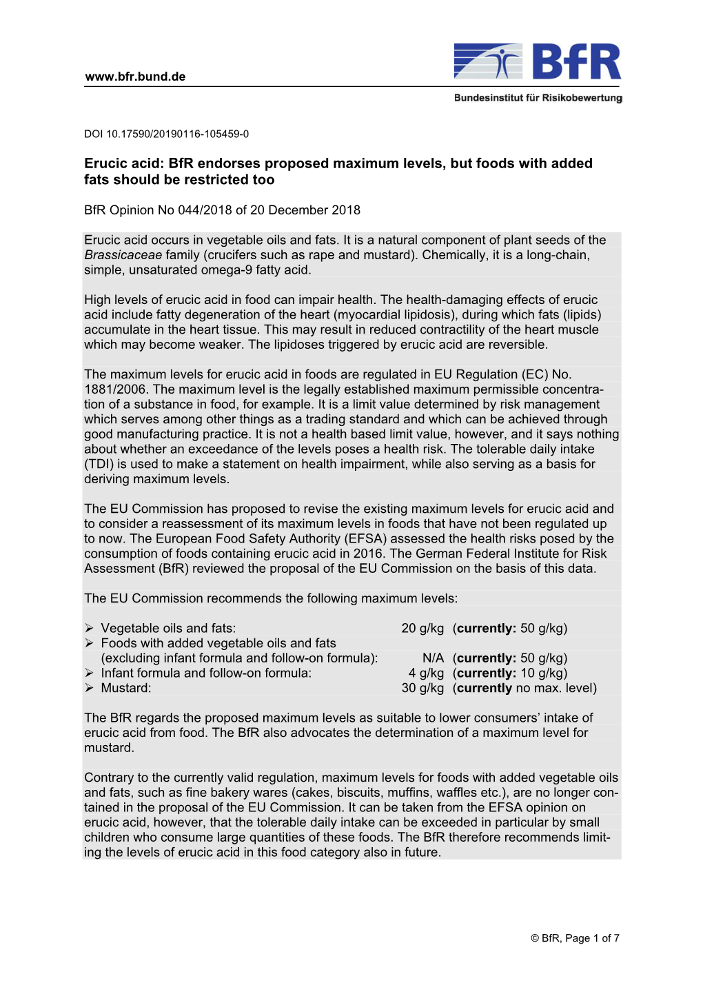 Erucic Acid: Bfr Endorses Proposed Maximum Levels, but Foods with Added Fats Should Be Restricted Too