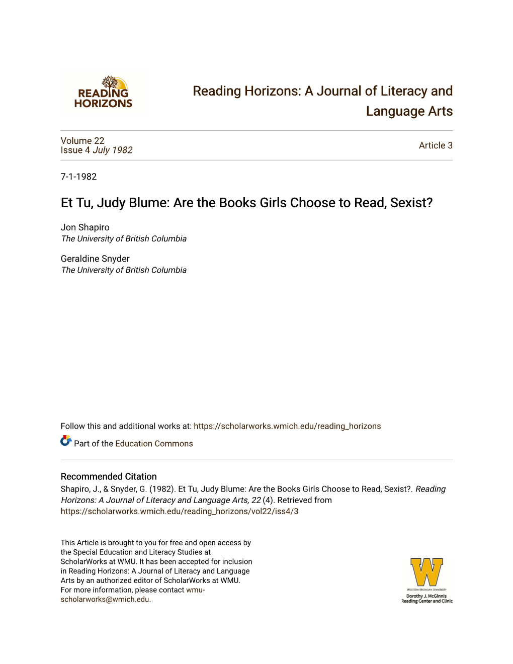 Et Tu, Judy Blume: Are the Books Girls Choose to Read, Sexist?