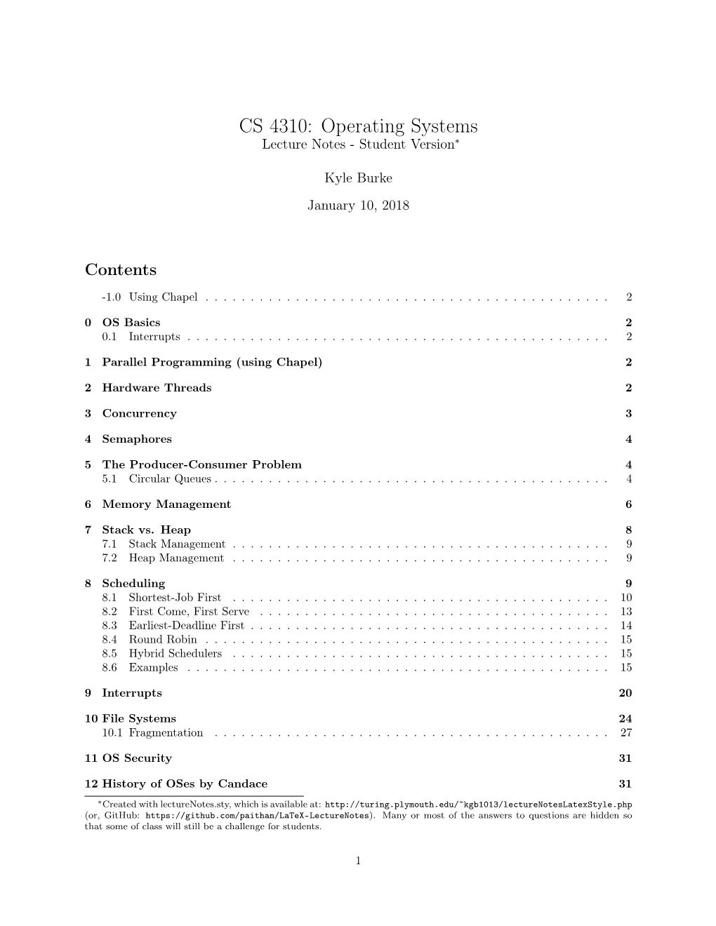 CS 4310: Operating Systems Lecture Notes - Student Version∗