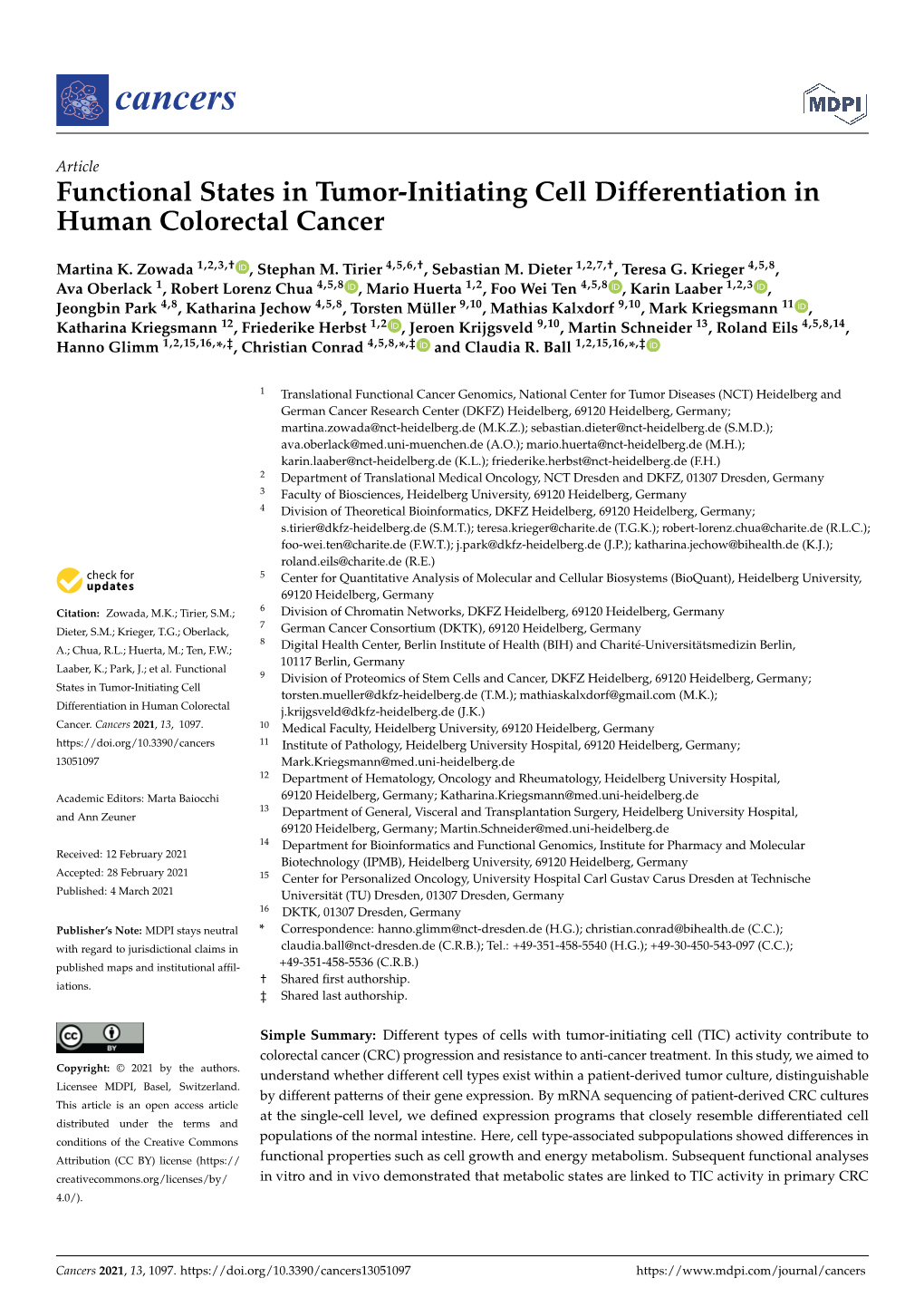 Functional States in Tumor-Initiating Cell Differentiation in Human Colorectal Cancer