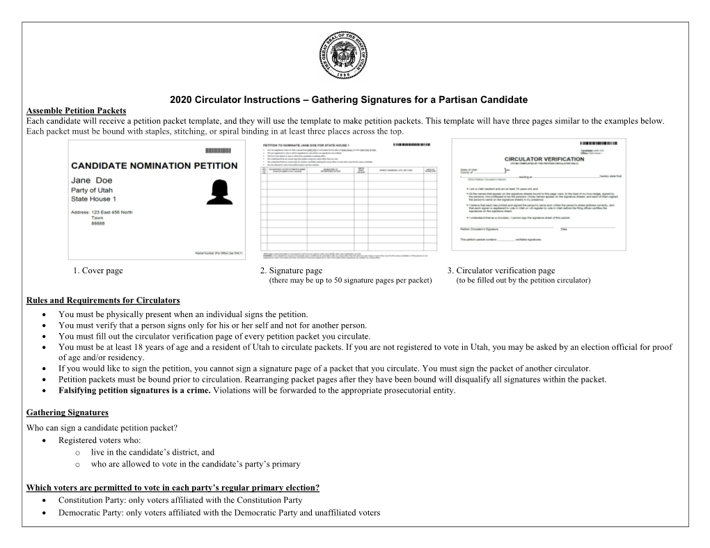 2020 Circulator Instructions – Gathering Signatures for a Partisan Candidate