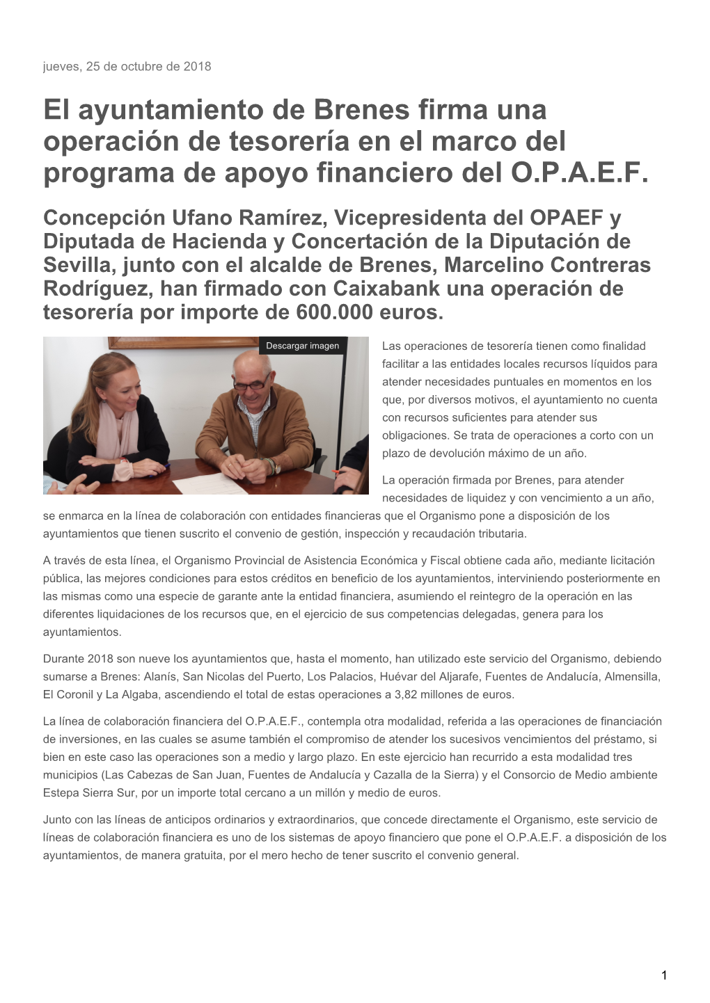 El Ayuntamiento De Brenes Firma Una Operación De Tesorería En El Marco Del Programa De Apoyo Financiero Del O.P.A.E.F