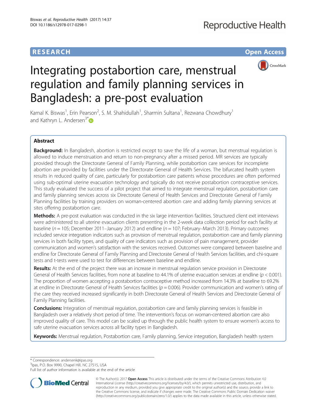 Integrating Postabortion Care, Menstrual Regulation and Family Planning Services in Bangladesh: a Pre-Post Evaluation Kamal K