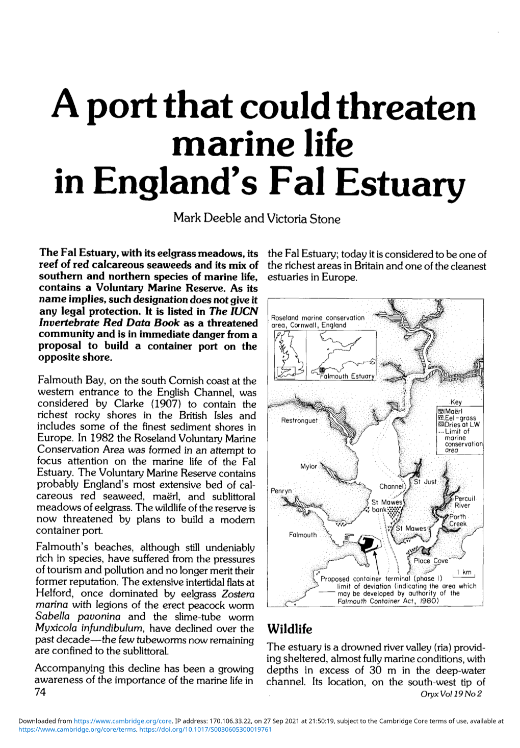 A Port That Could Threaten Marine Life in England's Fal Estuary Mark Deeble and Victoria Stone