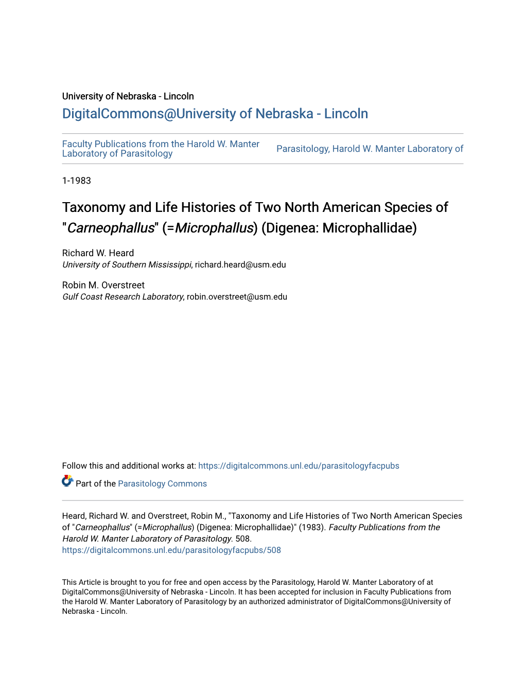 Taxonomy and Life Histories of Two North American Species of 