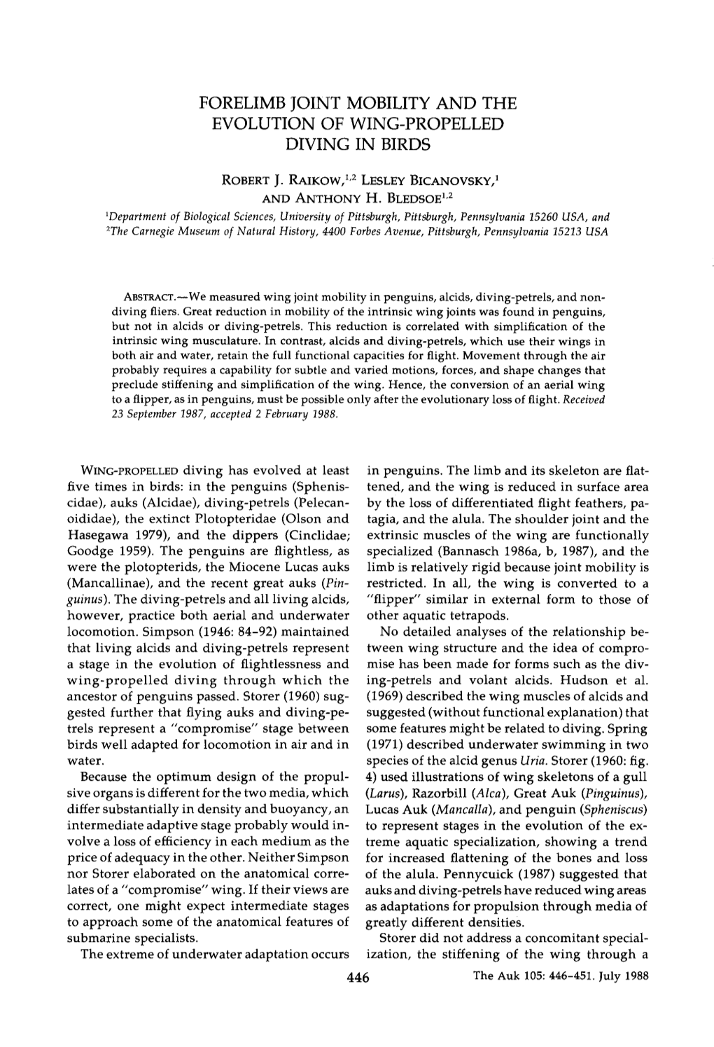 Forelimb Joint Mobility and the Evolution of Wing-Propelled Diving in Birds