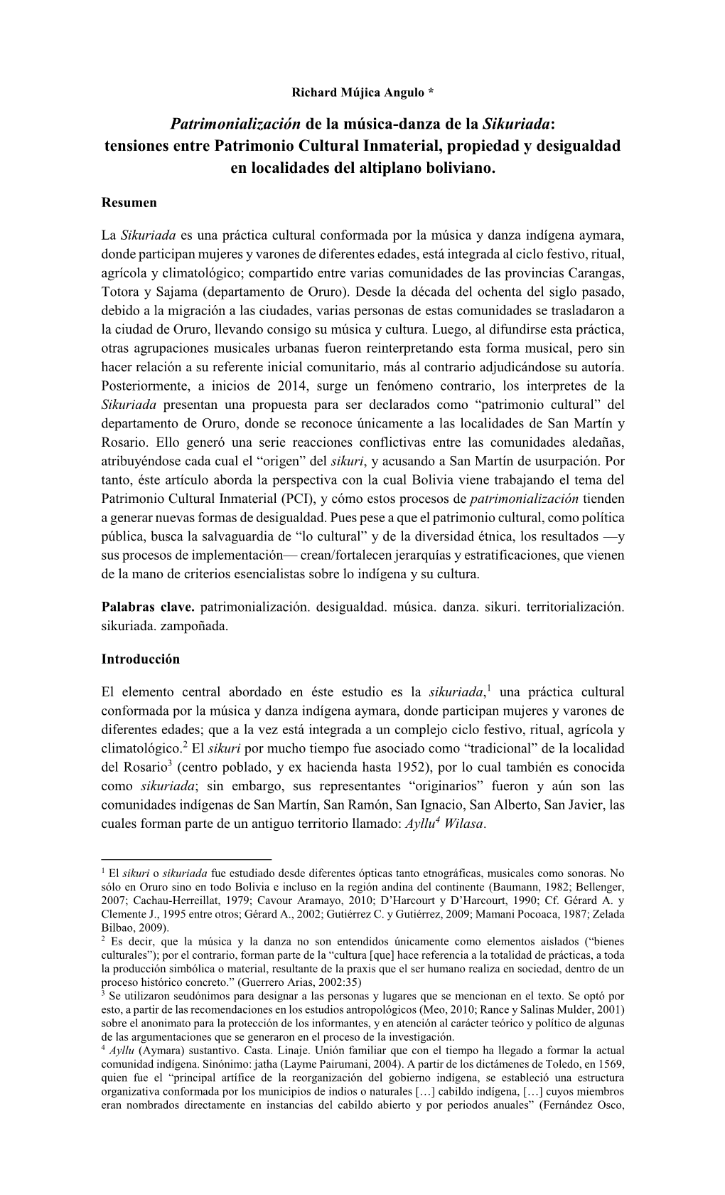 Patrimonialización De La Música-Danza De La Sikuriada: Tensiones Entre Patrimonio Cultural Inmaterial, Propiedad Y Desigualdad En Localidades Del Altiplano Boliviano