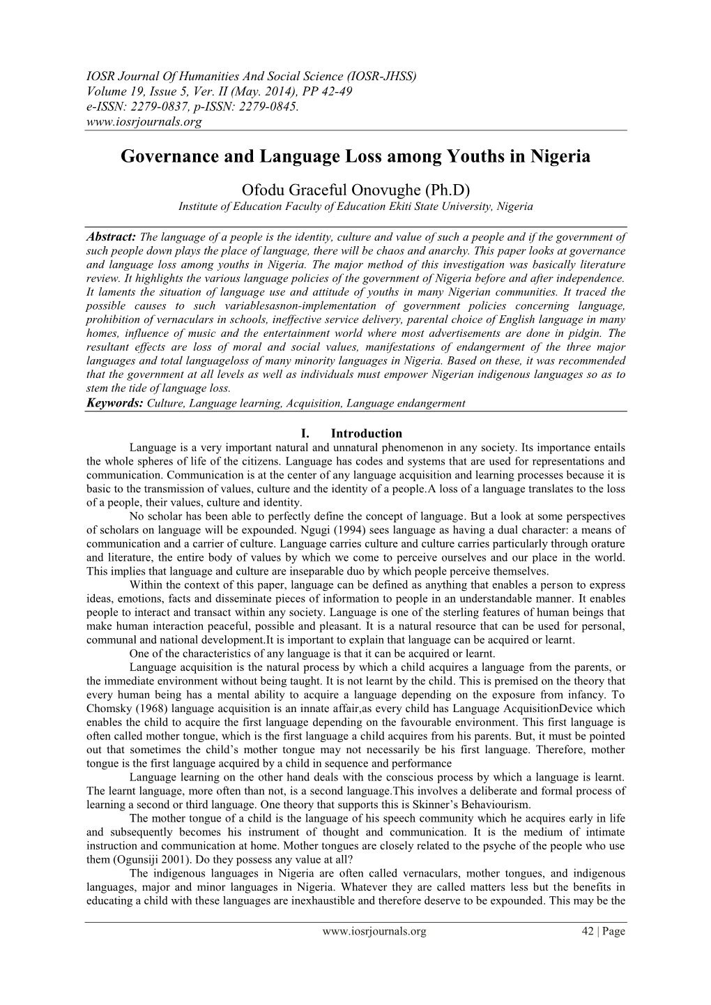 Governance and Language Loss Among Youths in Nigeria