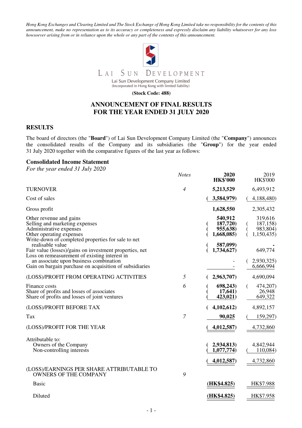 Announcement of Final Results for the Year Ended 31 July 2020