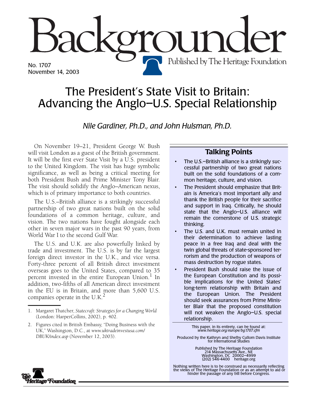 The President's State Visit to Britain: Advancing the Anglo–U.S. Special