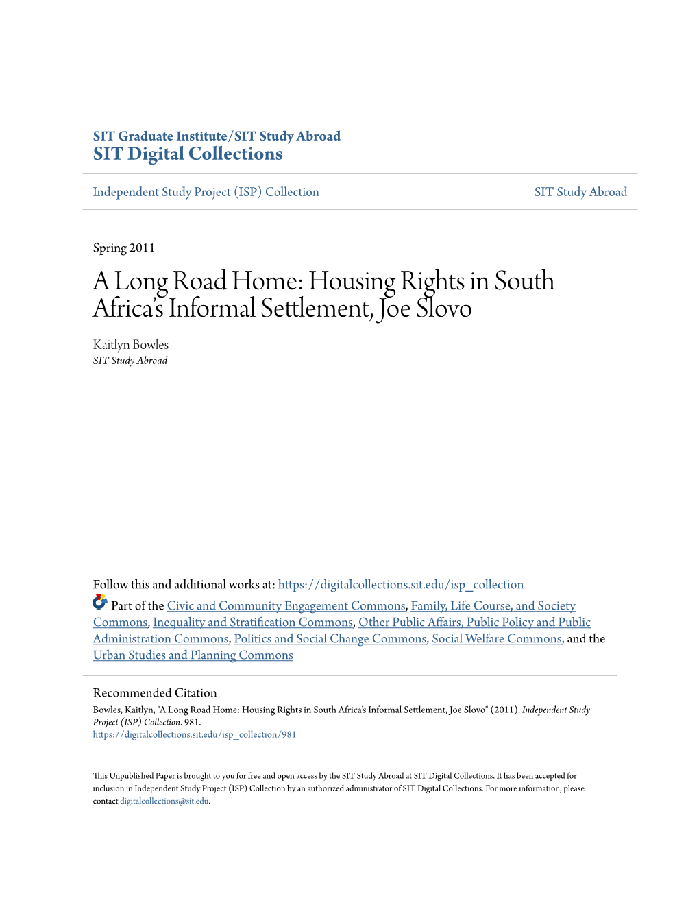 Housing Rights in South Africa's Informal
