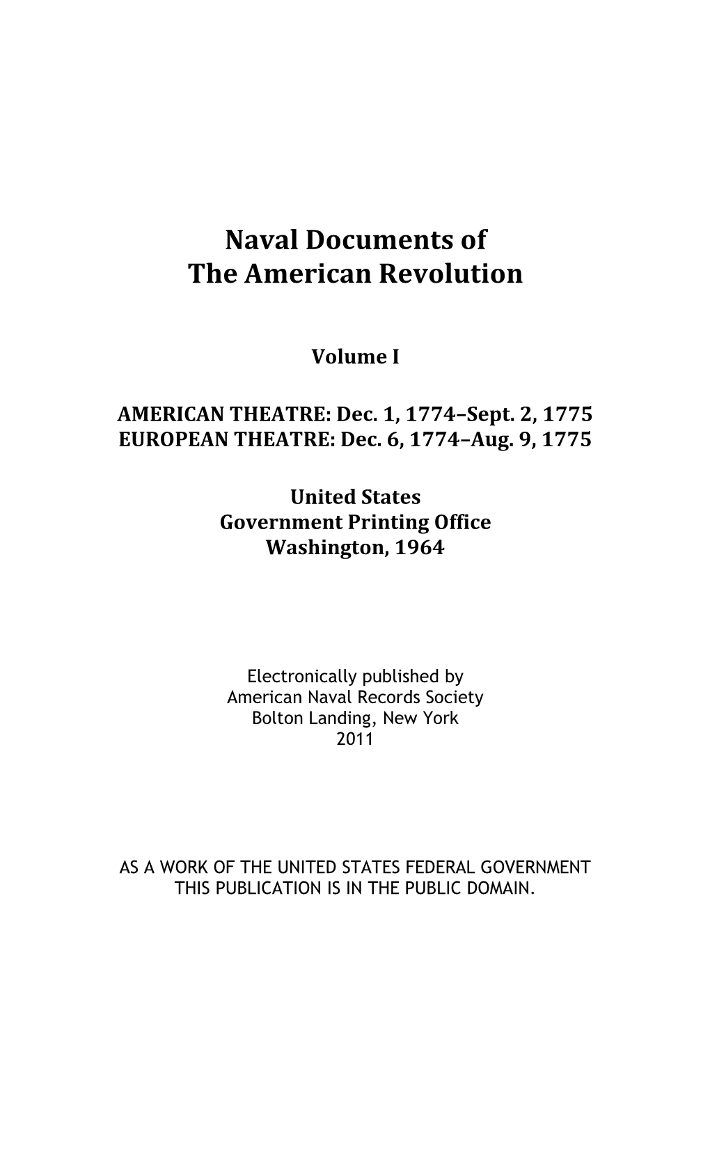 Naval Documents of the American Revolution, Volume I