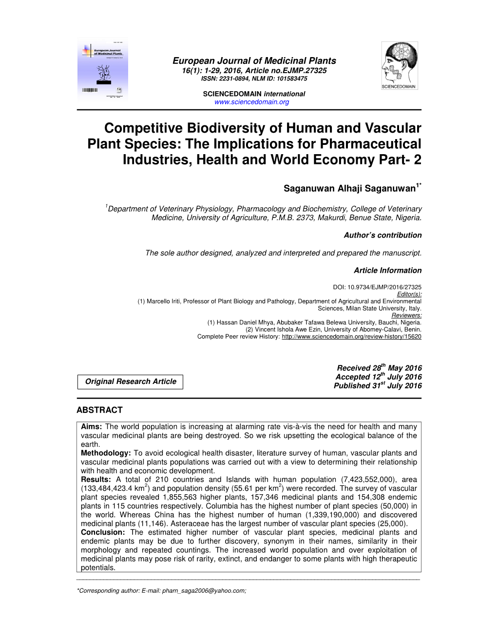 Competitive Biodiversity of Human and Vascular Plant Species: the Implications for Pharmaceutical Industries, Health and World Economy Part- 2