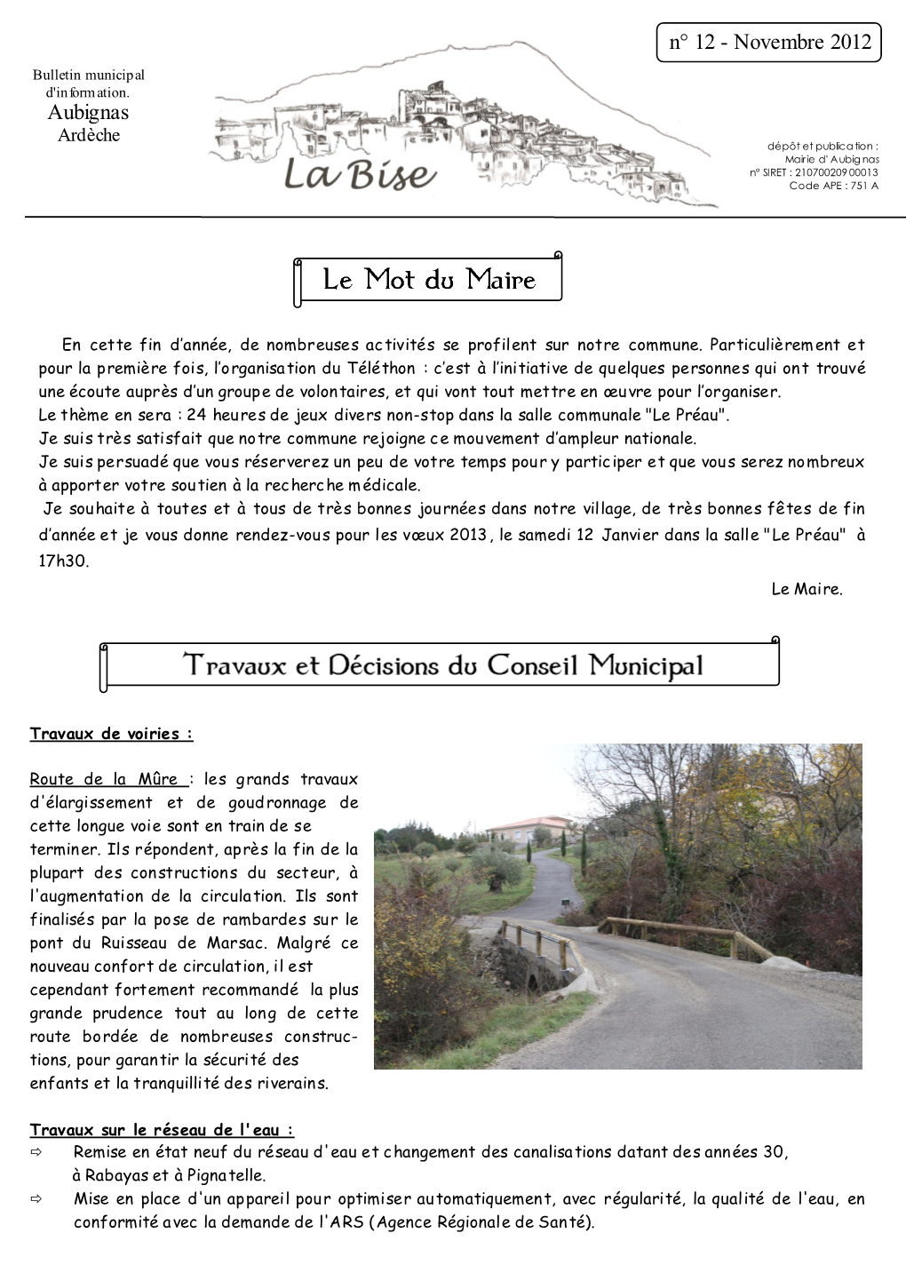 N° 12 - Novembre 2012 Bulletin Municipal D'information