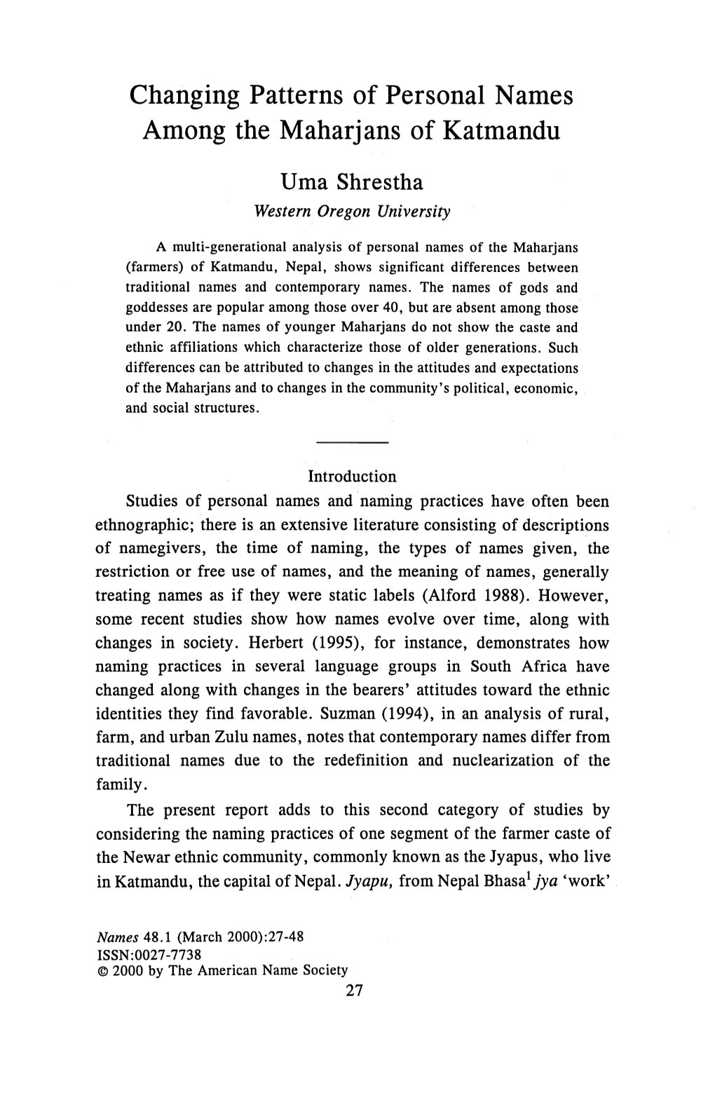 Changing Patterns of Personal Names Among the Maharjans of Katmandu