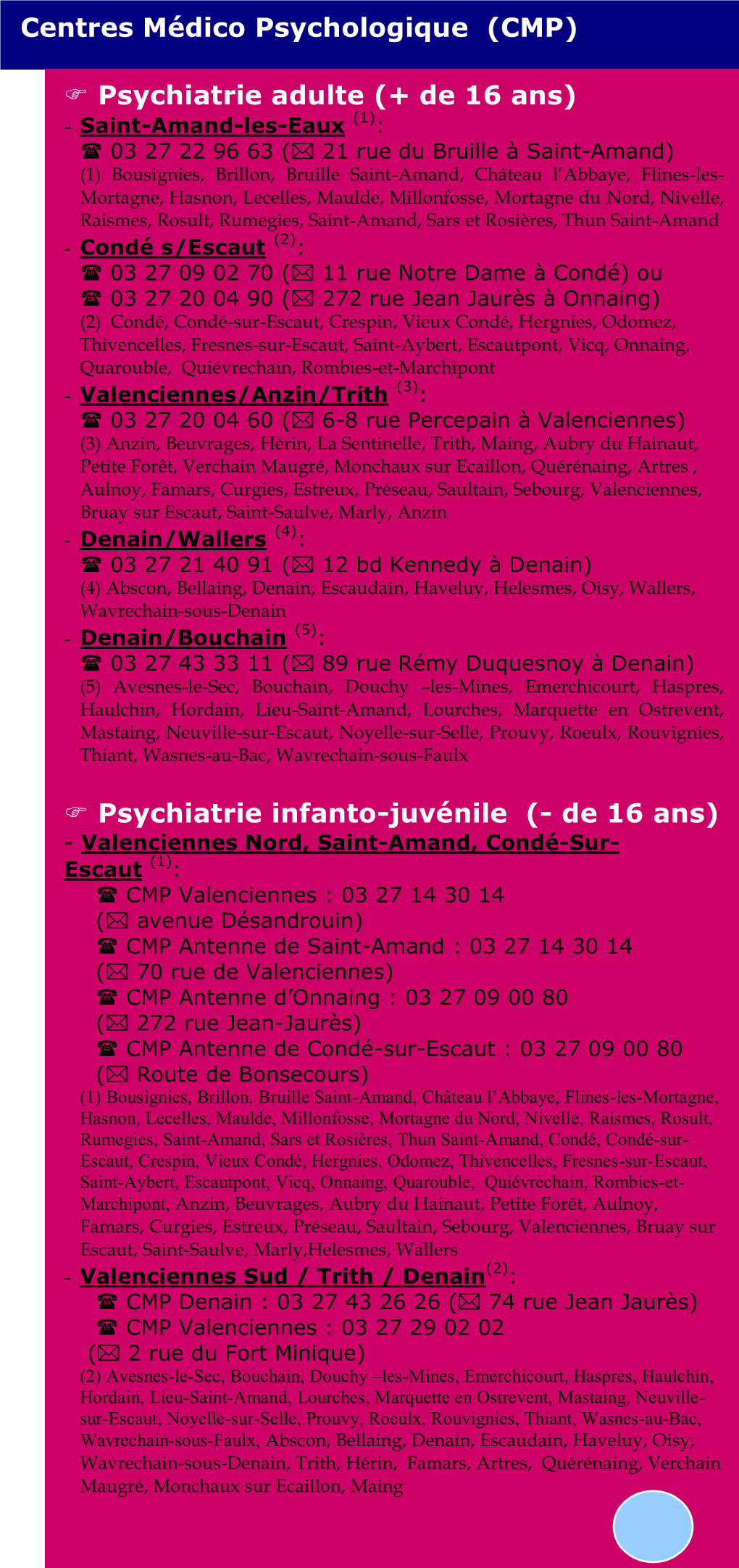 Centres Médico Psychologique (CMP) Psychiatrie Adulte (+ De 16 Ans) Psychiatrie Infanto-Juvénile (- De 16 Ans)