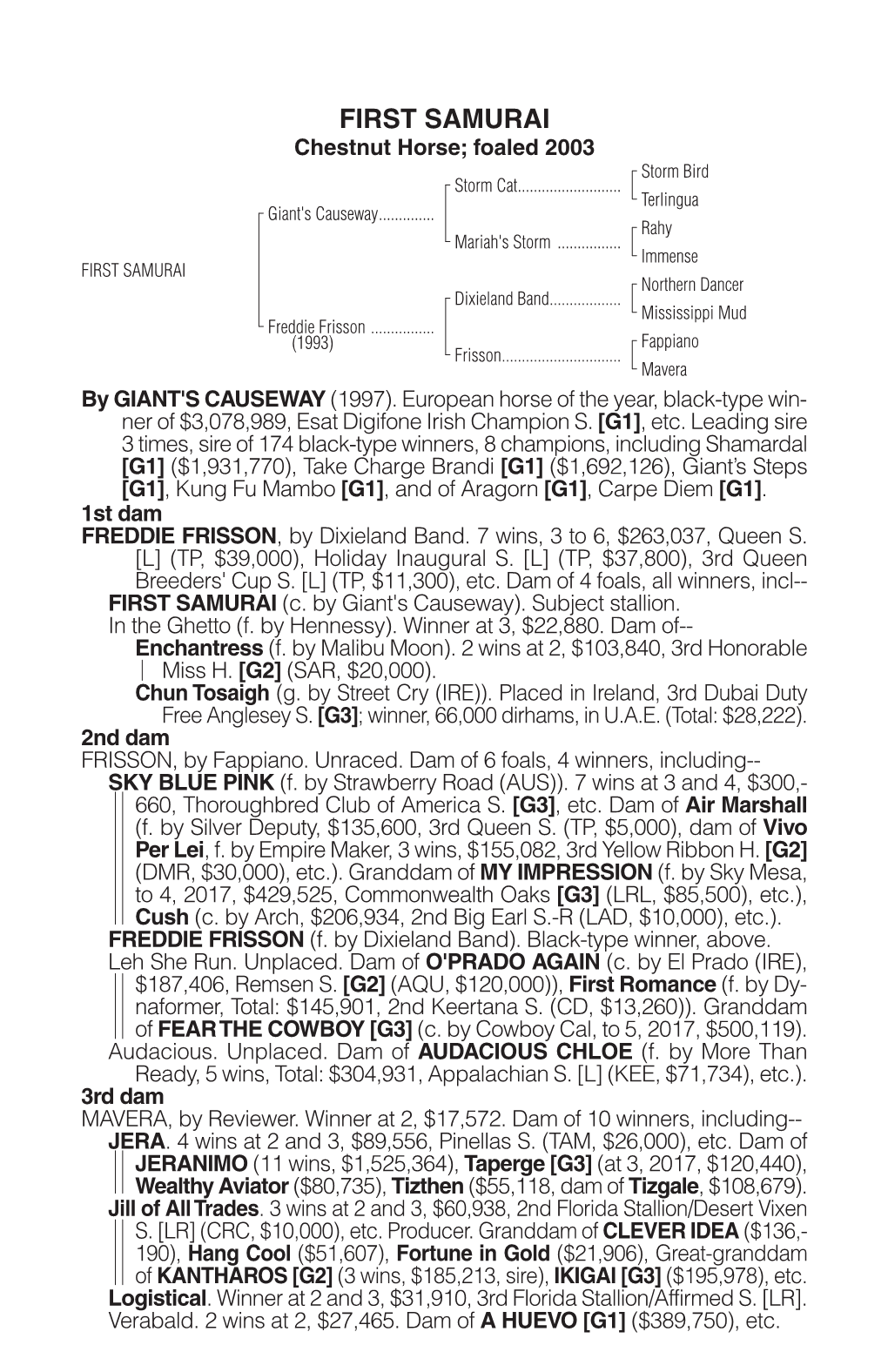 FIRST SAMURAI Chestnut Horse; Foaled 2003 Storm Bird Storm Cat