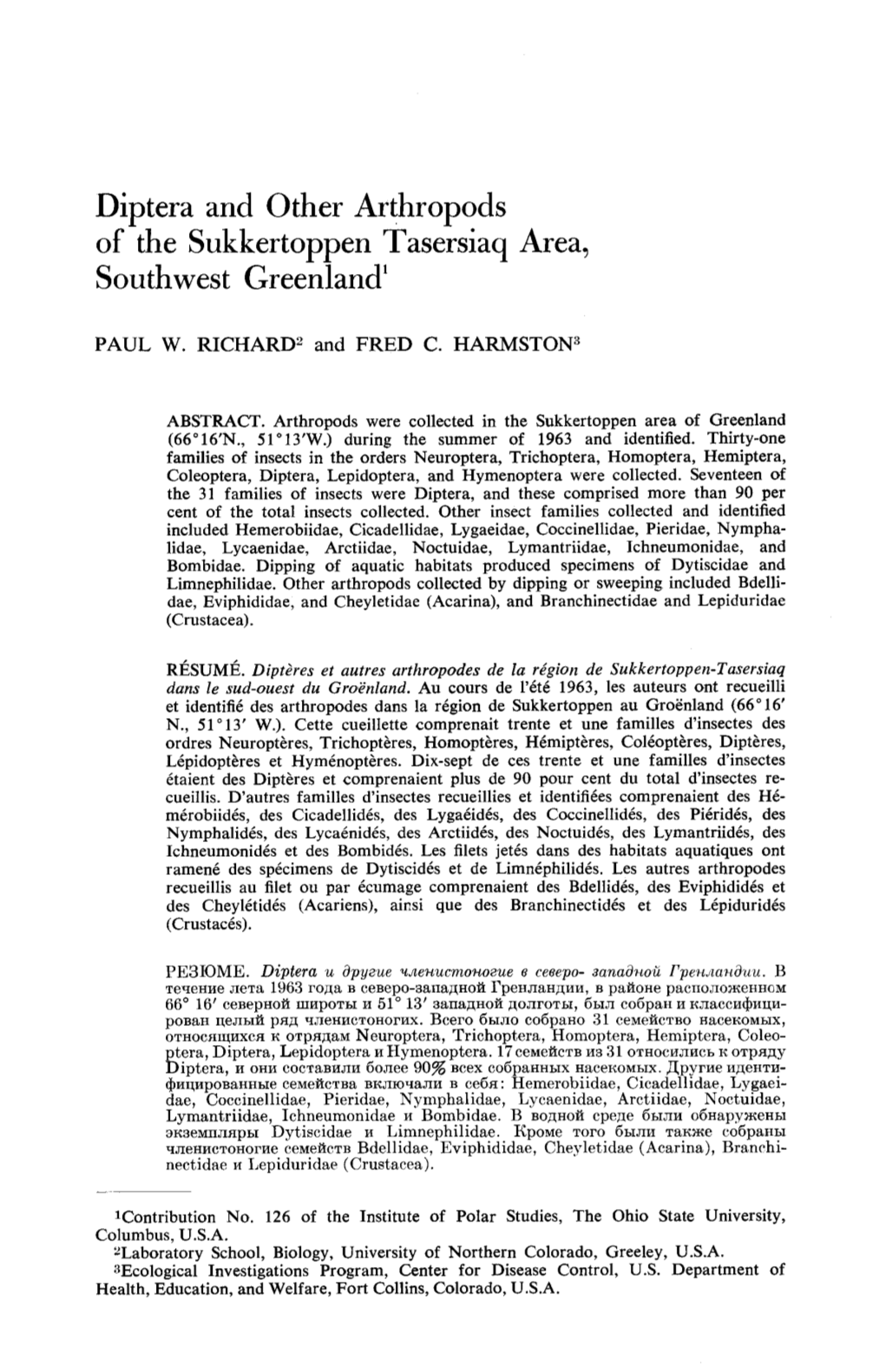 Diptera and Other Arthropods of the Sukkertoppen Tasersiaq Area, Southwest Greenland