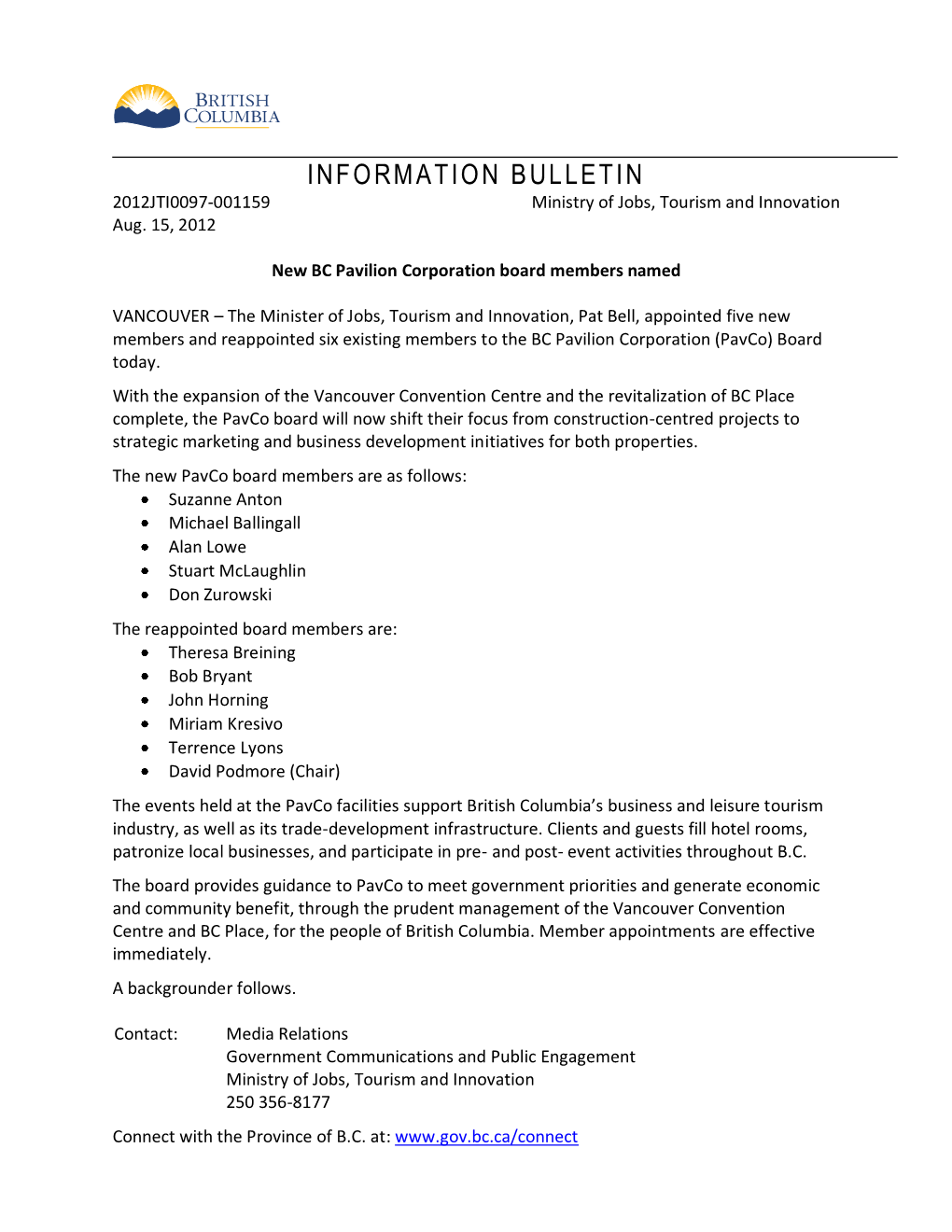 INFORMATION BULLETIN 2012JTI0097-001159 Ministry of Jobs, Tourism and Innovation Aug