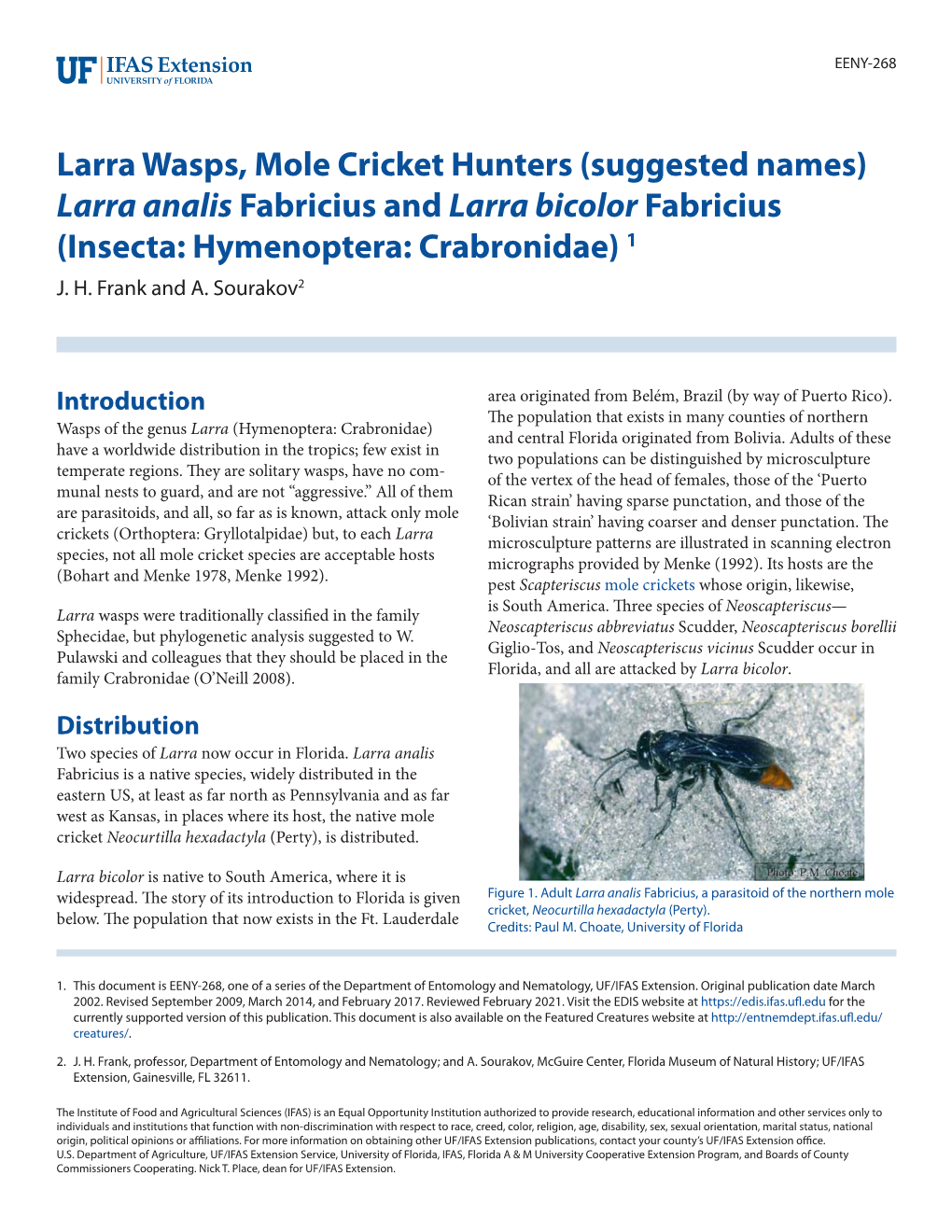 Larra Wasps, Mole Cricket Hunters (Suggested Names) Larra Analis Fabricius and Larra Bicolor Fabricius (Insecta: Hymenoptera: Crabronidae) 1 J