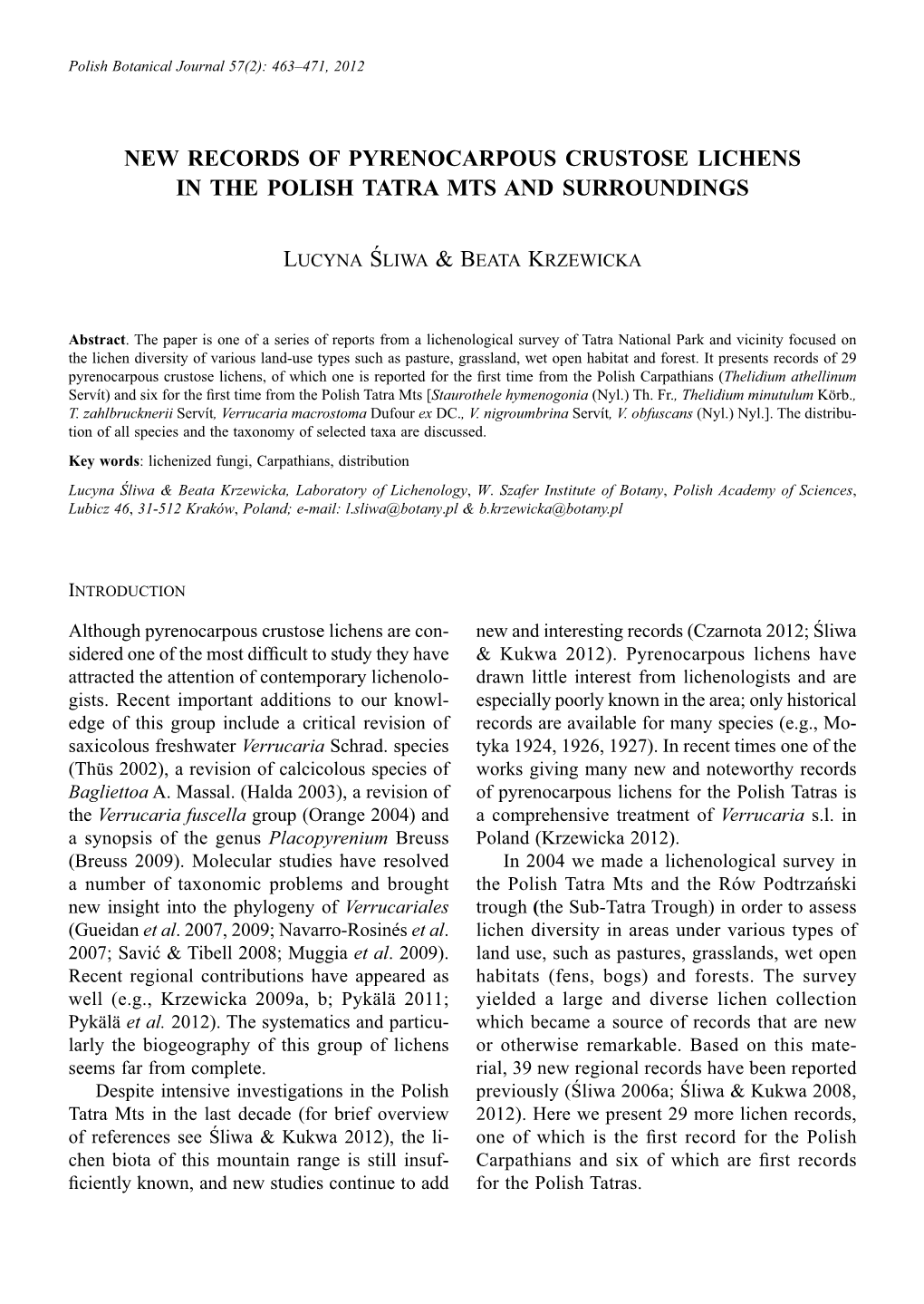 New Records of Pyrenocarpous Crustose Lichens in the Polish Tatra Mts and Surroundings