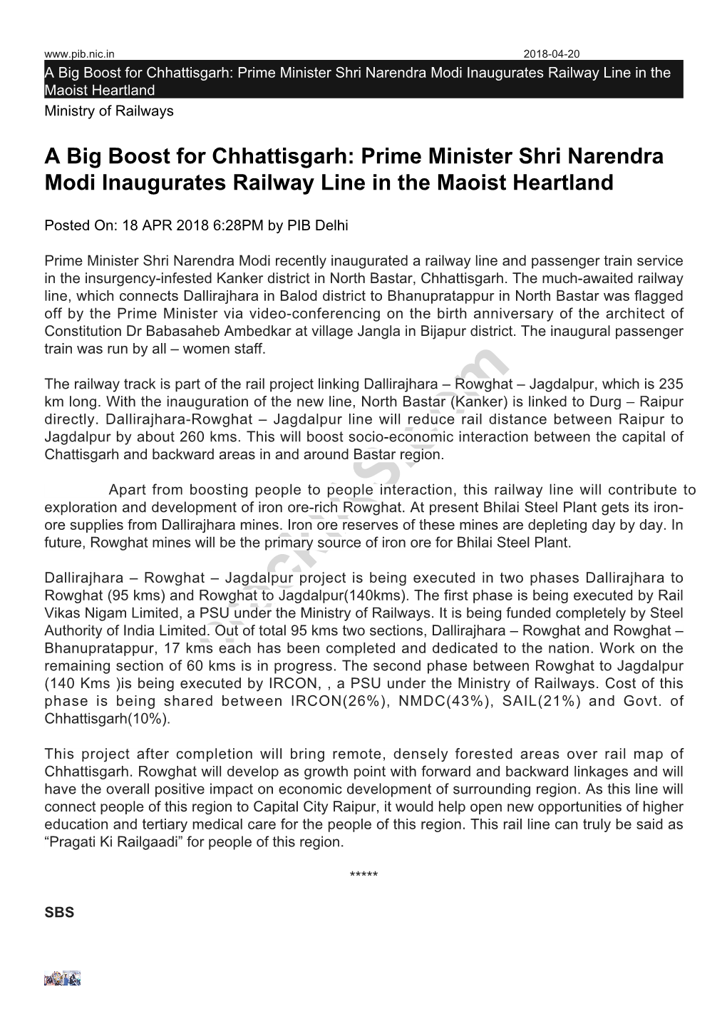 Prime Minister Shri Narendra Modi Inaugurates Railway Line in the Maoist Heartland Ministry of Railways