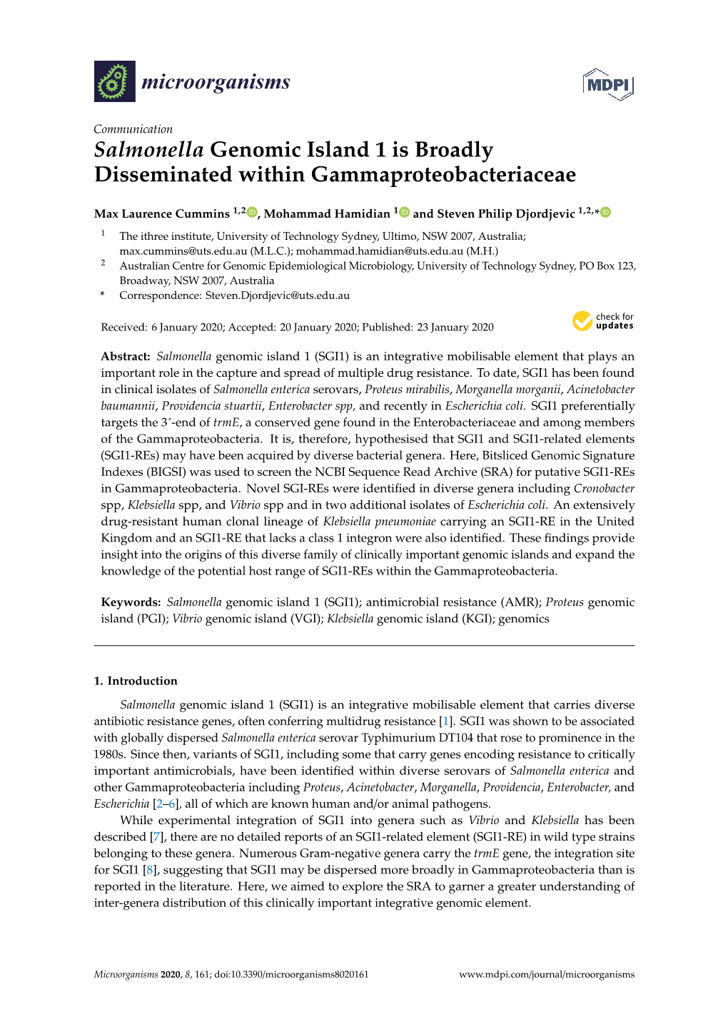 Salmonella Genomic Island 1 Is Broadly Disseminated Within Gammaproteobacteriaceae