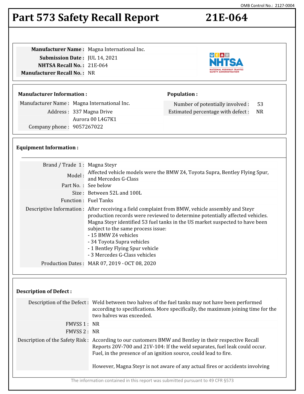 Part 573 Safety Recall Report 21E-064