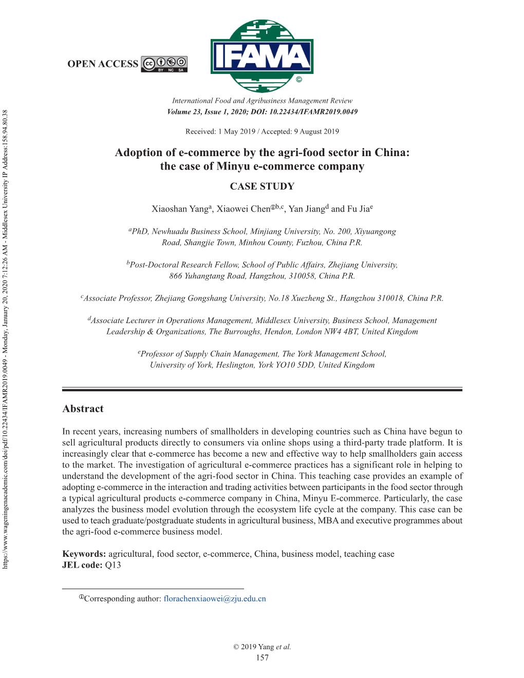 Adoption of E-Commerce by the Agri-Food Sector in China: the Case of Minyu E-Commerce Company CASE STUDY