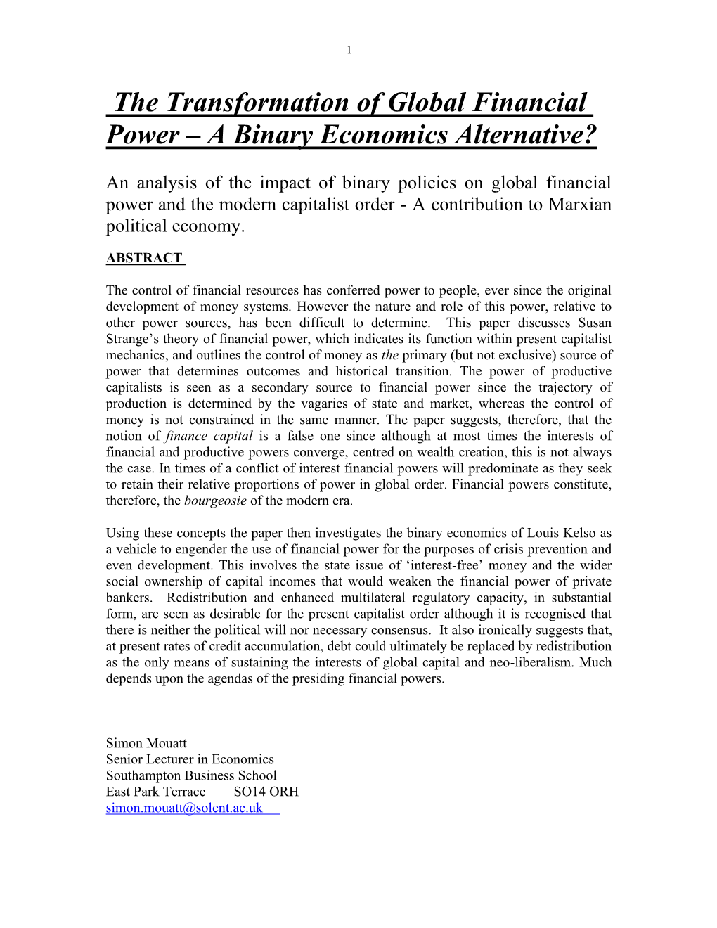The Transformation of Global Financial Power – a Binary Economics Alternative?