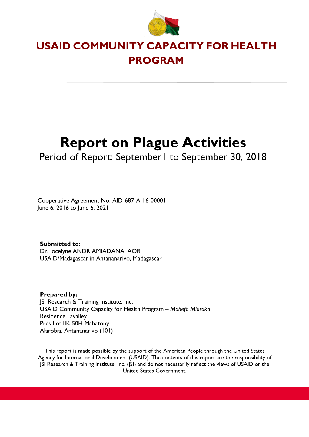 Report on Plague Activities Period of Report: September1 to September 30, 2018