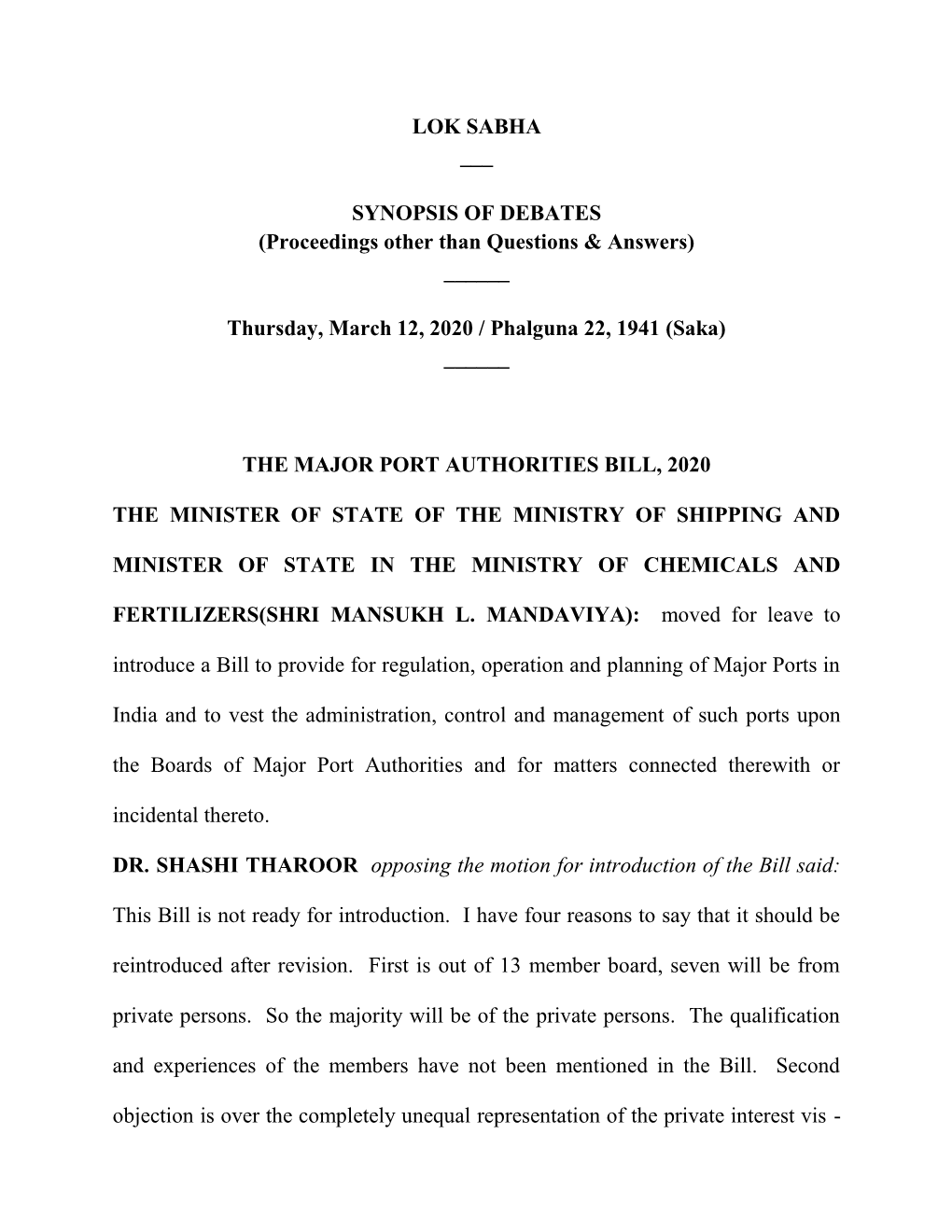 LOK SABHA ___ SYNOPSIS of DEBATES (Proceedings Other Than Questions & Answers) ___Thursday, March 12, 2020 / Phalguna 22