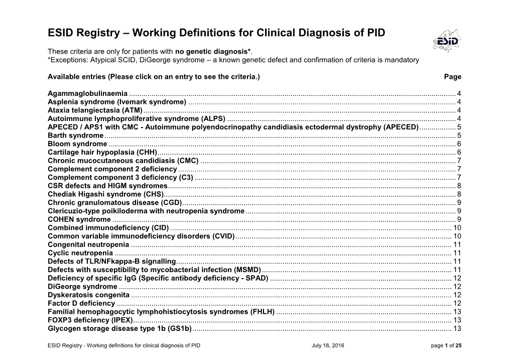 ESID Registry – Working Definitions for Clinical Diagnosis of PID