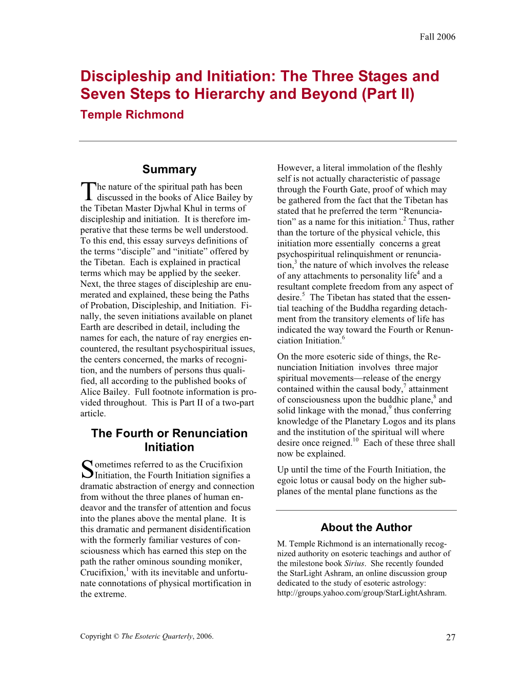 Discipleship and Initiation: the Three Stages and Seven Steps to Hierarchy and Beyond (Part II) Temple Richmond