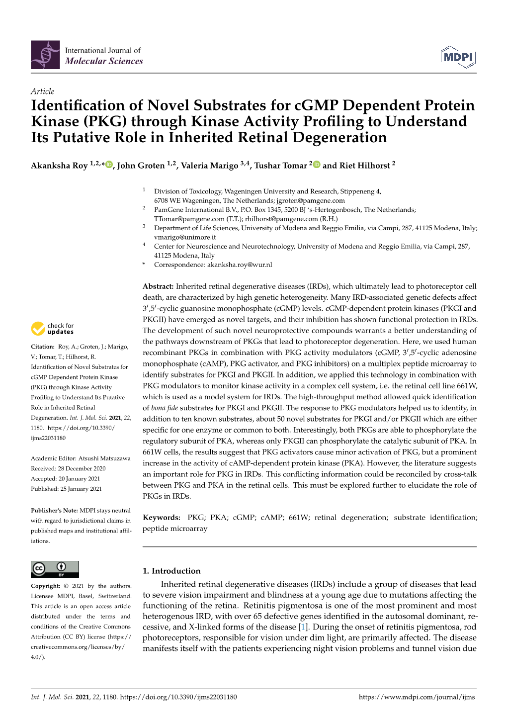 Identification of Novel Substrates for Cgmp Dependent Protein Kinase (PKG) Through Kinase Activity Profiling to Understand Its P