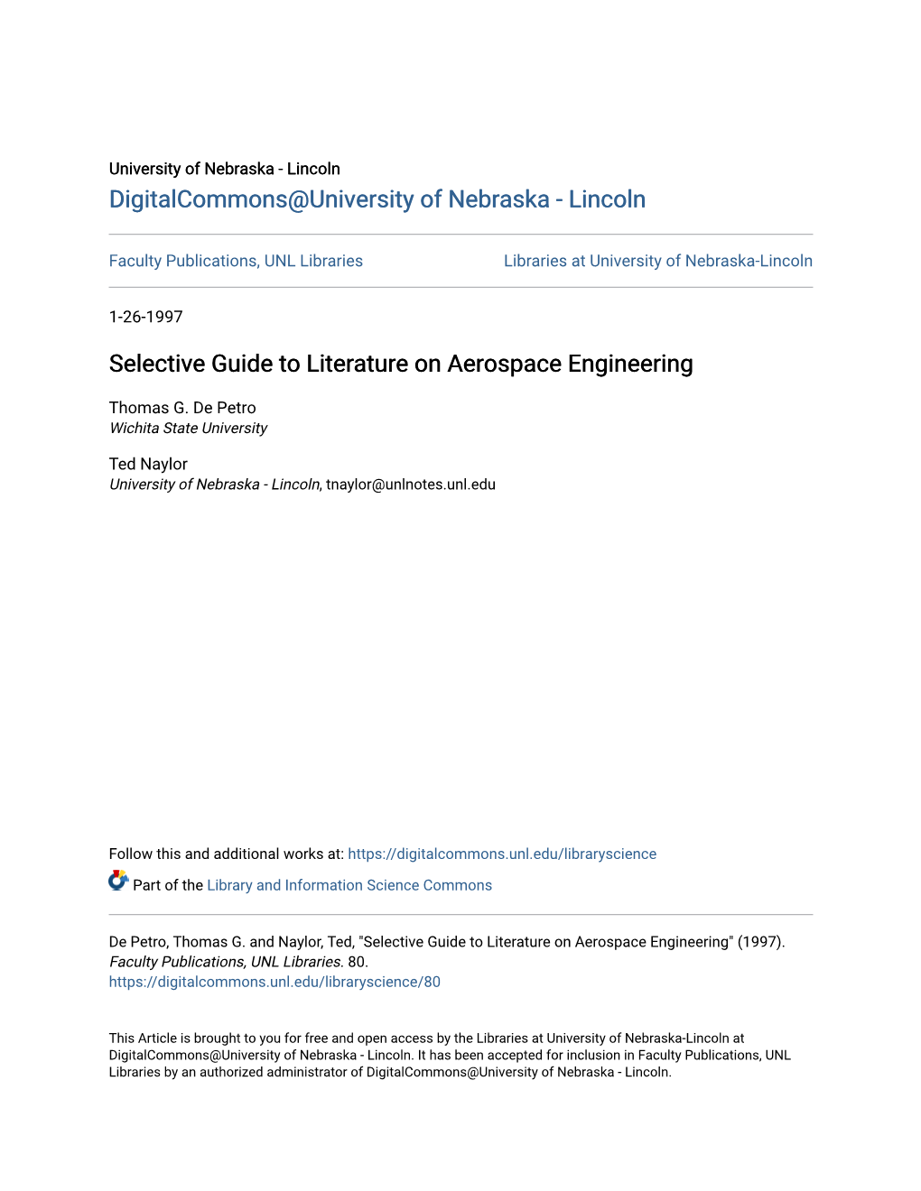 Selective Guide to Literature on Aerospace Engineering