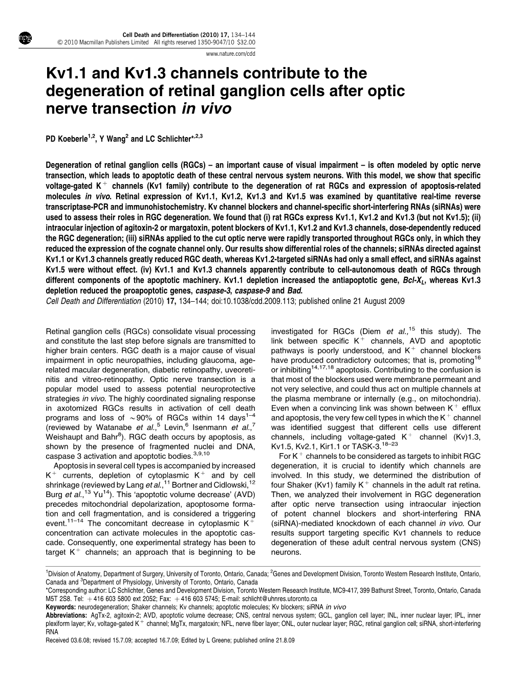 Kv1.1 and Kv1.3 Channels Contribute to the Degeneration of Retinal Ganglion Cells After Optic Nerve Transection in Vivo