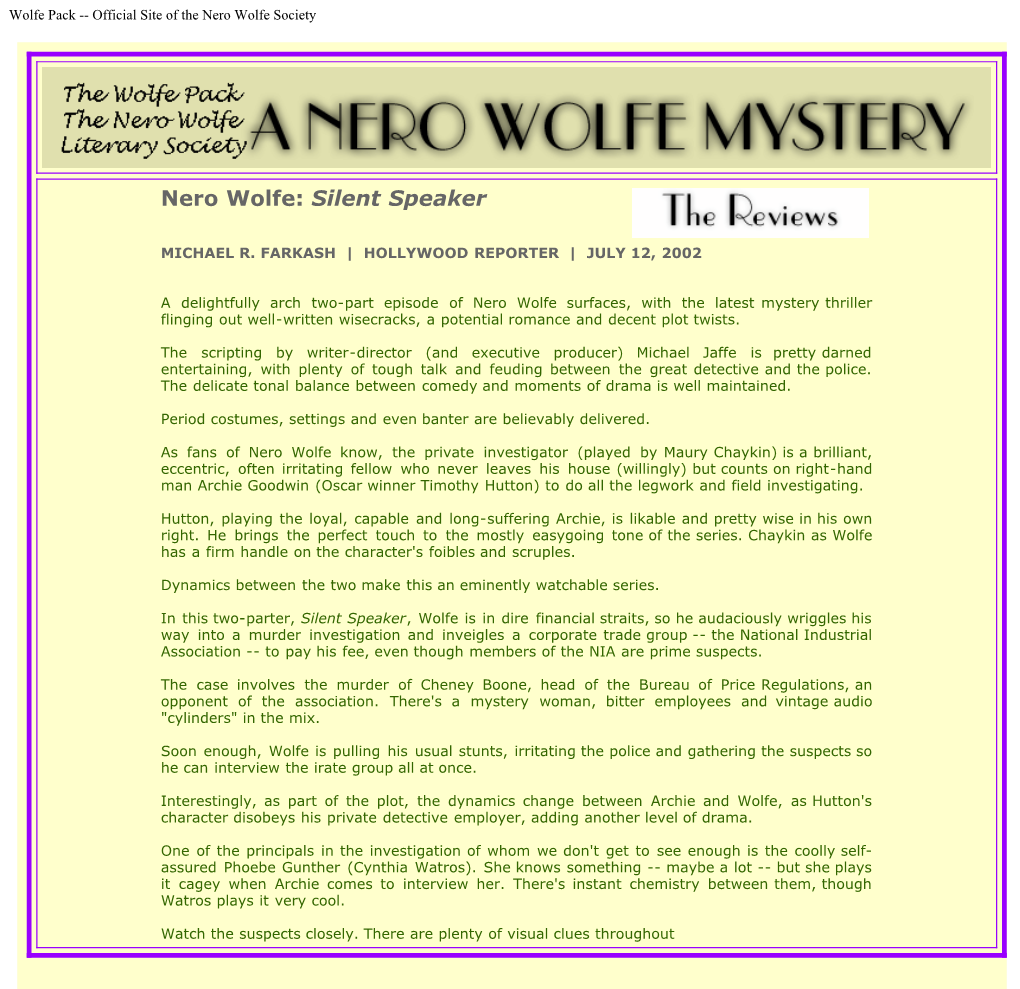 Wolfe Pack -- Official Site of the Nero Wolfe Society