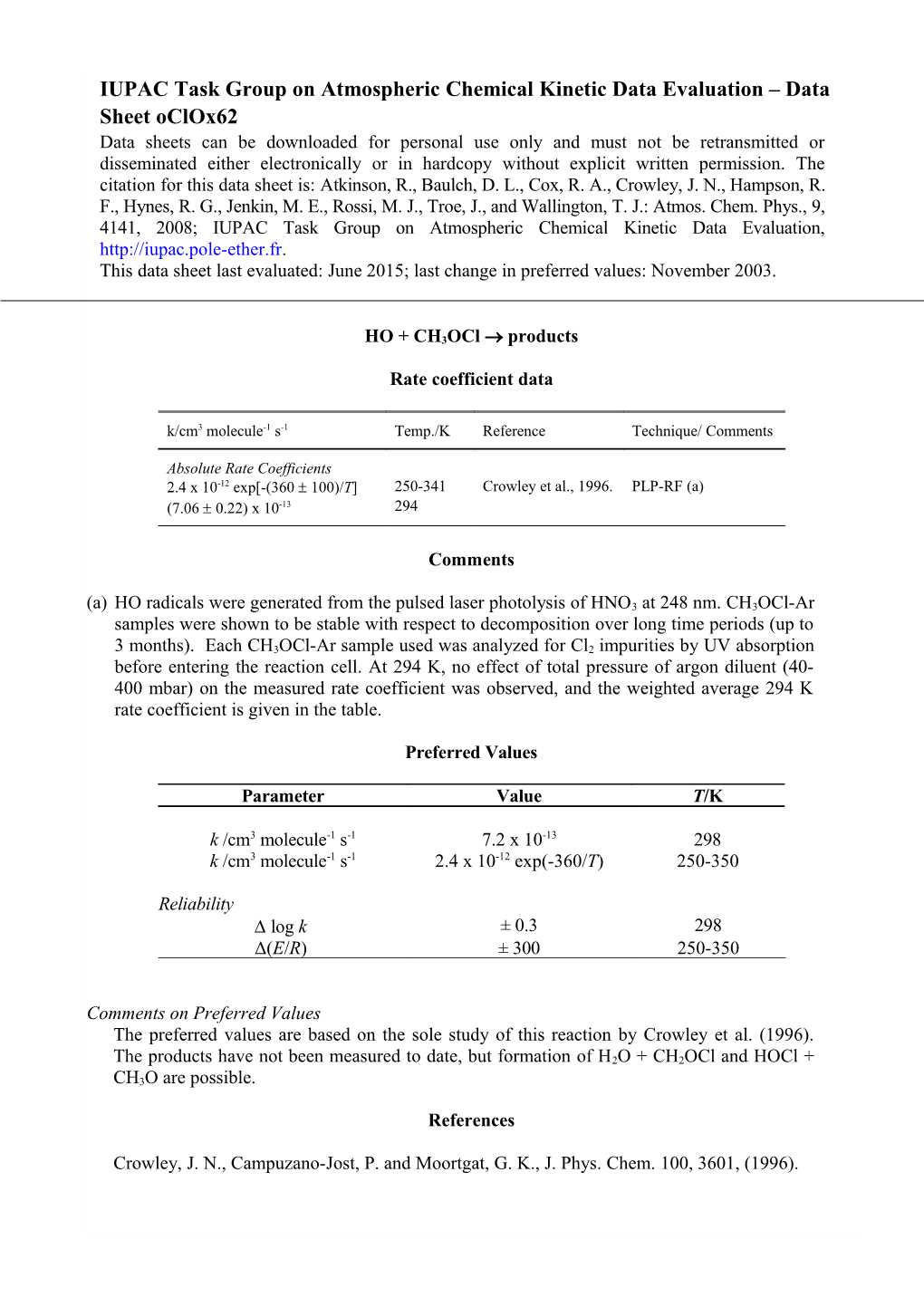 IUPAC Task Group on Atmospheric Chemical Kinetic Data Evaluation Data Sheet IV.A2.136 Oclox62