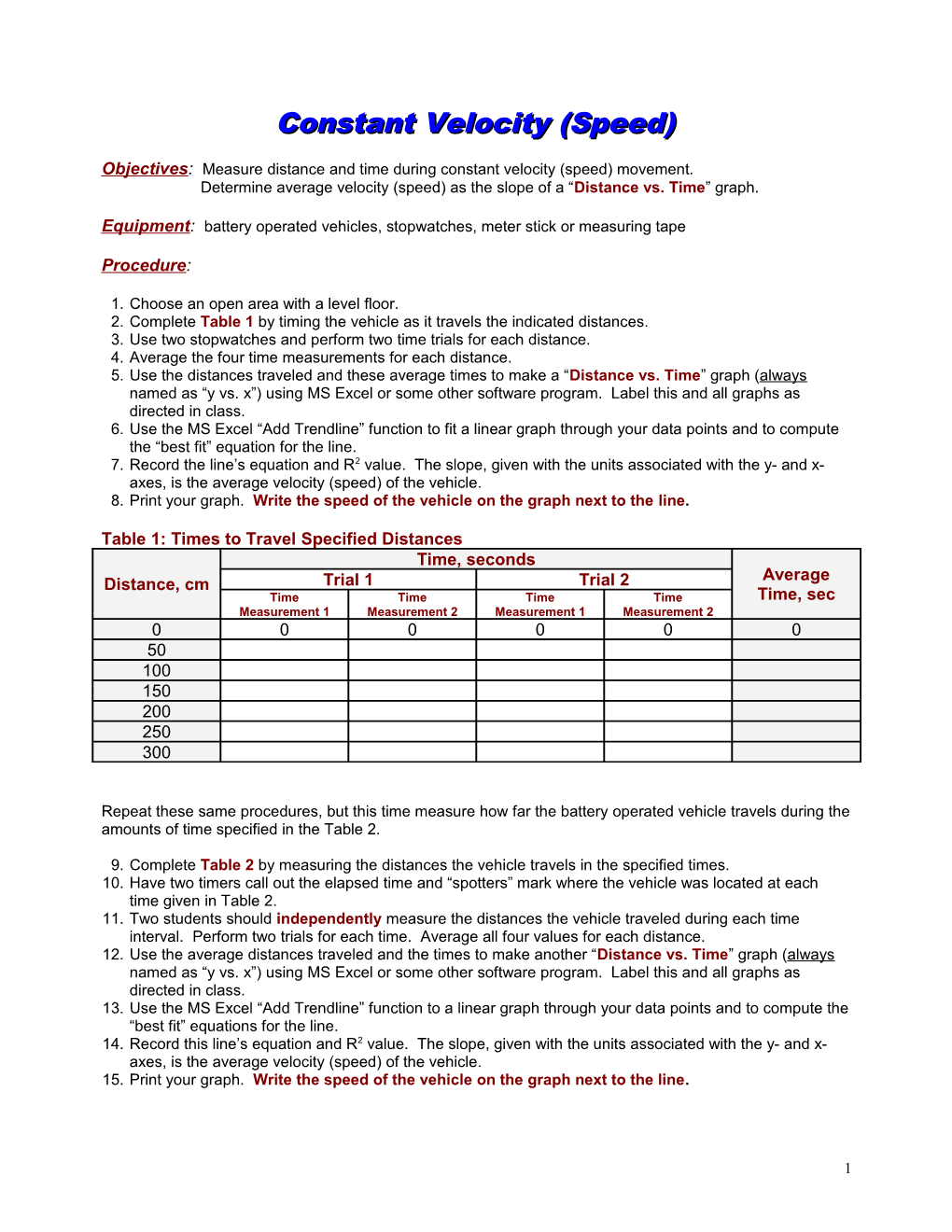 Objectives: Measure Distance and Time During Constant Velocity (Speed) Movement