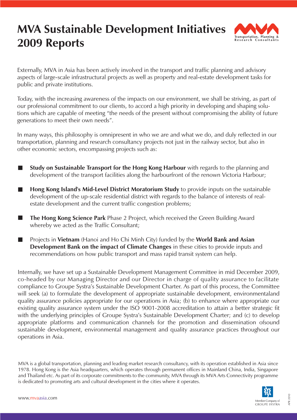 MVA Sustainable Development Initiatives 2009 Reports