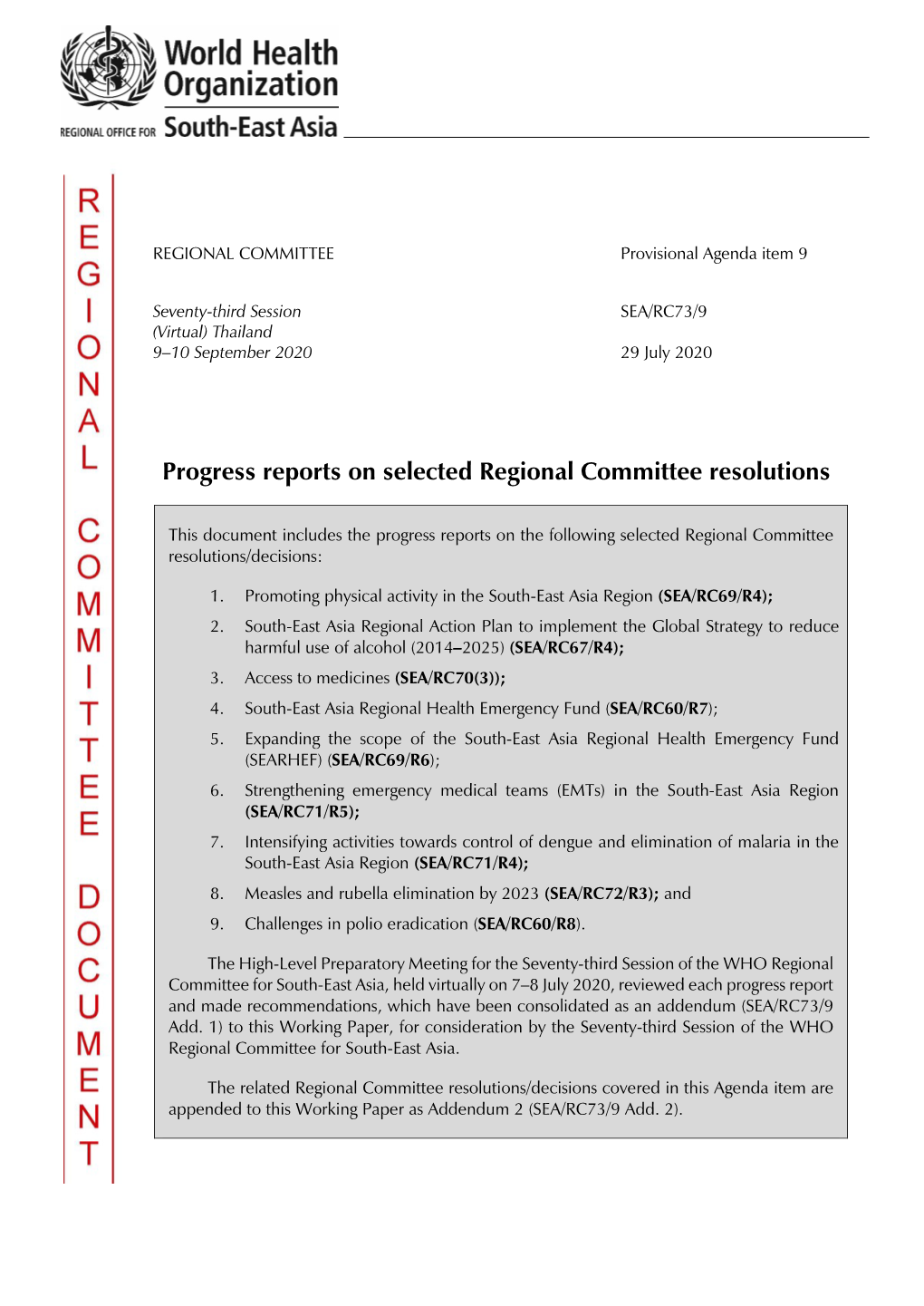 Progress Reports on Selected Regional Committee Resolutions