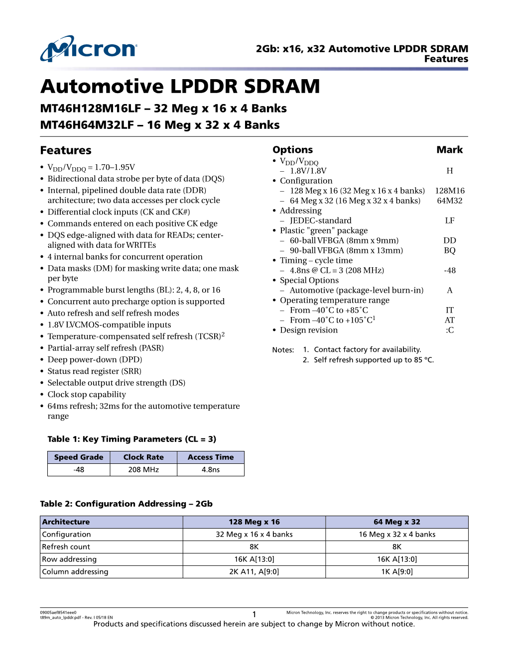 X16, X32 Automotive LPDDR SDRAM Features Automotive LPDDR SDRAM MT46H128M16LF – 32 Meg X 16 X 4 Banks MT46H64M32LF – 16 Meg X 32 X 4 Banks
