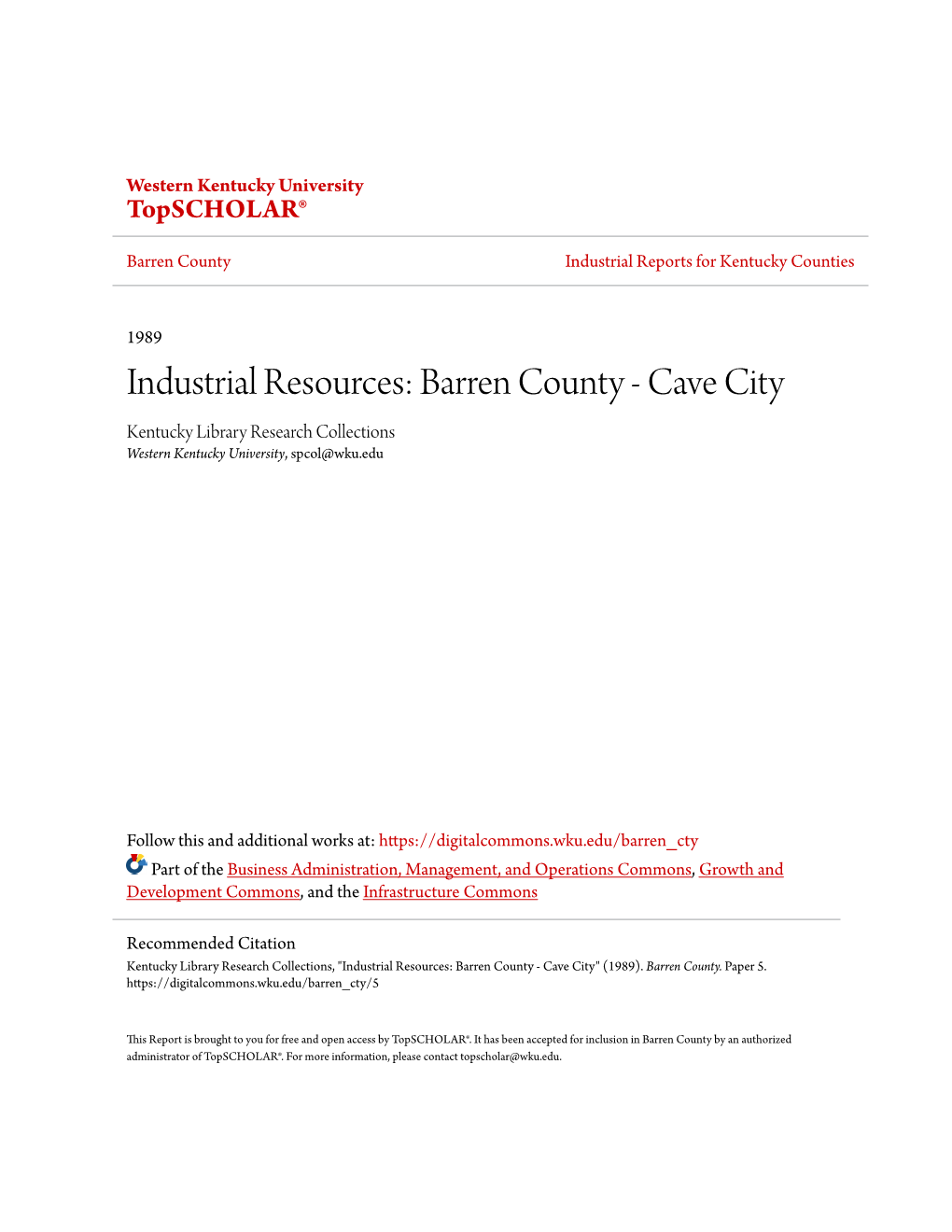 Barren County Industrial Reports for Kentucky Counties